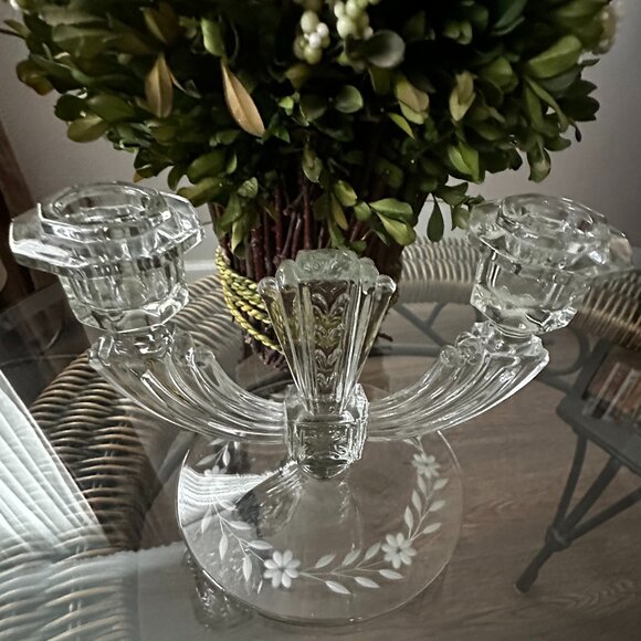 Tiffin-Franciscan Maritza Double Light Candle Holder-Candelabra Etched Floral - Picture 2 of 6